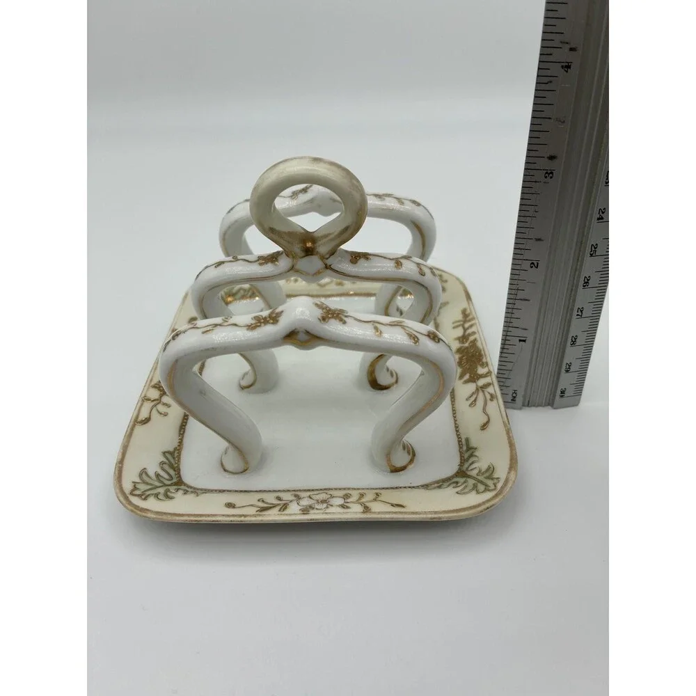 Antique Nippon Hand Painted Toast Rack Holder White Gold Flower Bead Trim 5 in